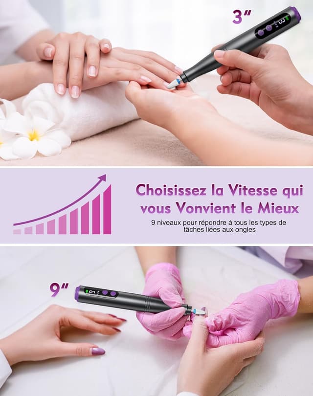 Detalle de Fofile ponceuse électrique pour ongles 12 en 1 sans fil, 9 vitesses (jusqu’à 20 000 tr/min) avec écran LED
