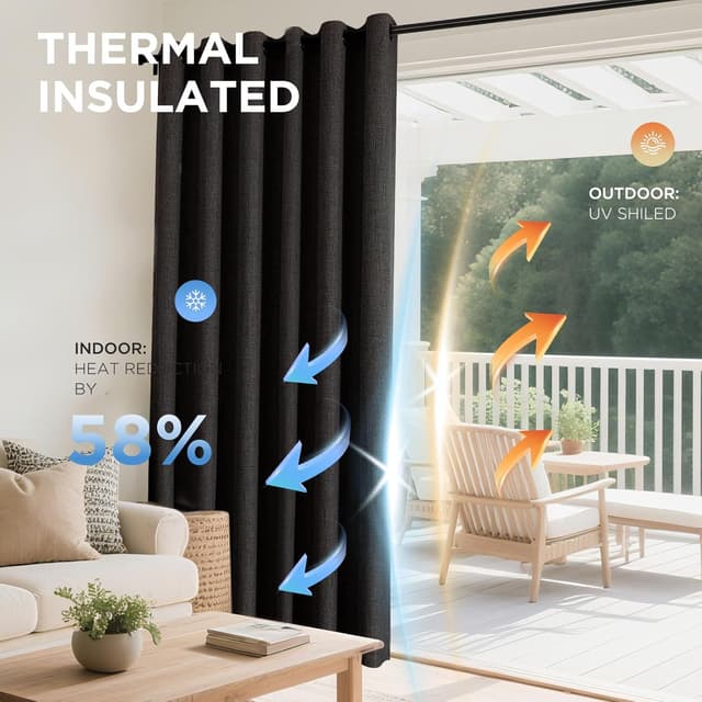 Detalle de Joydeco Rideaux occultants thermiques 167x228 cm (2 panneaux) effet lin à œillets, noir