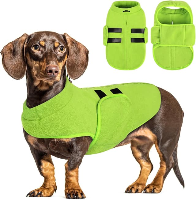 Detalle de PUZAUKAL Adjustable Dog Fleece Jumper Vest (Green S) – warm, step-in fleece coat with adjustable neck and belly