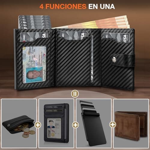 Detalle de TENBST Cartera a Cuadros para Hombre con tarjetero emergente, RFID y monedero con cremallera