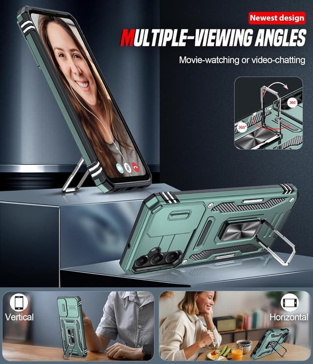 Detalle de LeYi Samsung Galaxy A05S phone case with sliding camera lens cover, ring stand and screen protectors (Light Green)