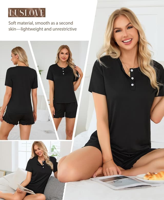 Detalle 2 de LUSLOVE Pyjama Damen Kurz V-Ausschnitt