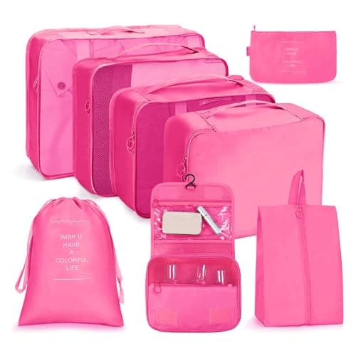 Detalle de OSDUE organizadores para maletas 8 en 1 con hebilla y neceser impermeable (rosa roja)