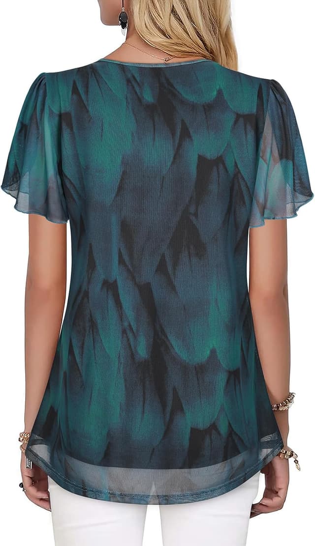 Detalle de ACDAY V-neck ruffle short sleeve chiffon-style blouse with double-layer mesh tunic design for women