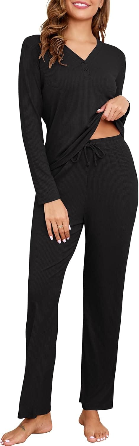 Detalle de Becotal Damen-Schlafanzug Lang (2-teilig) aus Baumwolle mit Rippstruktur für Winter