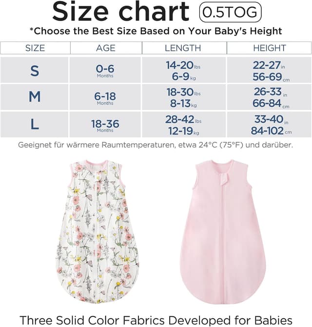 Detalle 2 de Duomiaomiao Baby Sleeping Bag 2 Pack 0.5 Tog Cotton Summer Sleep Sack (6–18 Months) – Flower & Pink