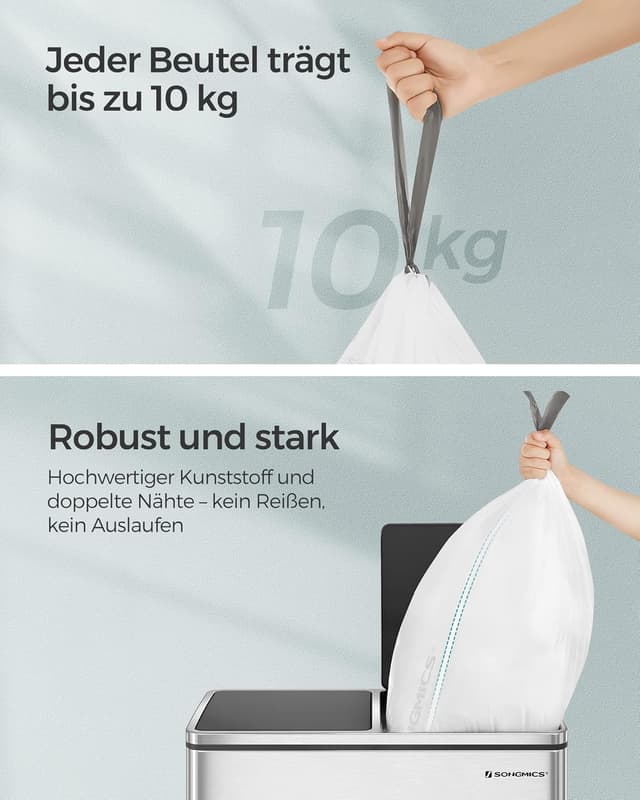 Detalle de SONGMICS Müllbeutel mit Zugband für 30 Liter, 4 Rollen (insgesamt 180 Stück), hochbelastbar, weiß – Code 30A