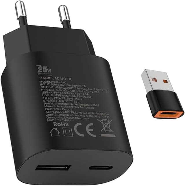 Detalle de Caricabatterie 25W USB-C + 15W USB-A con doppia porta per Samsung Galaxy S25/S24/S23 e altri smartphone USB-C