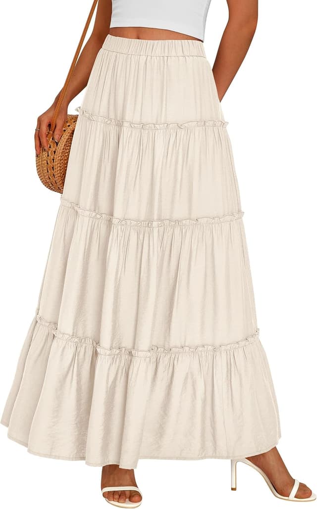 Detalle de PRETTYGARDEN Boho Tiered Maxi Skirt for Women with Elastic Waistband & Side Pockets