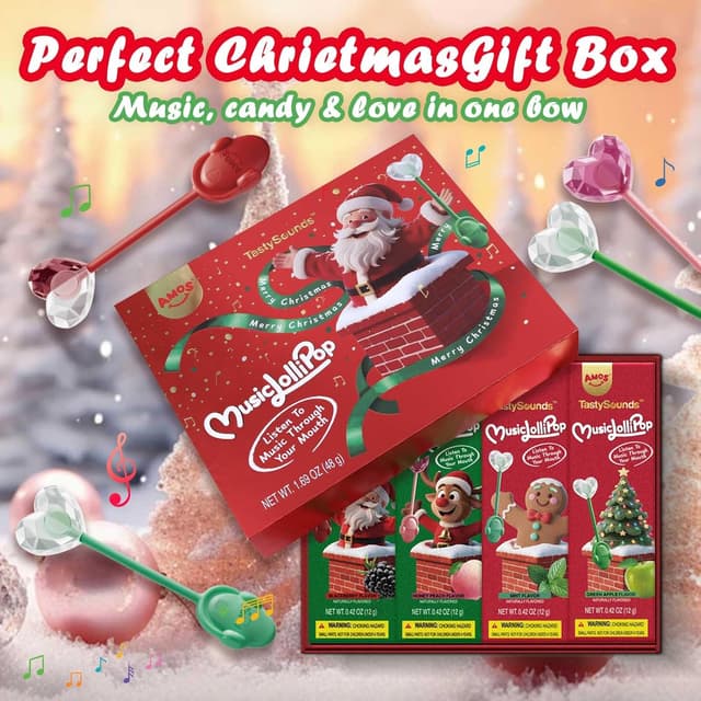 Detalle 2 de AMOS Sucette Musicale Mûre & Pêche & Menthe & Pomme – coffret de 4 bonbons audio, Noël, sans sucre