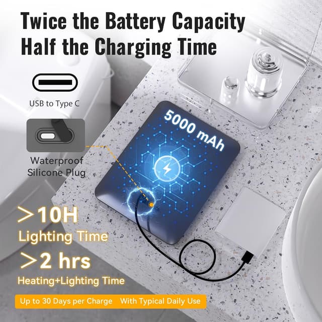 Detalle 1 de DeLanges Heated Fogless LED Shower Mirror with 3 Dimmable Lights, Rechargeable Battery & Drill-Free Mount