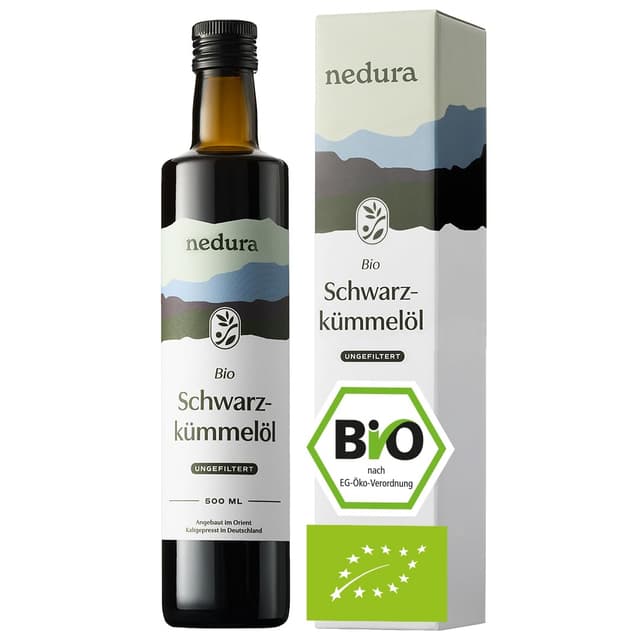 Detalle de nedura® Schwarzkümmelöl BIO, kaltgepresst & ungefiltert (ungefiltert) 500 ml