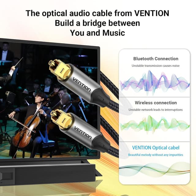 Detalle de VENTION 2M Optical Audio Cable (Toslink) for Soundbar to TV – Gold-Plated S/PDIF Digital Link