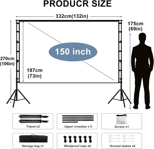 Detalle de Lejiada 150-inch Outdoor Projector Screen with Stand (4K HD, Anti-crease) for Garden, Camping & Home Cinema
