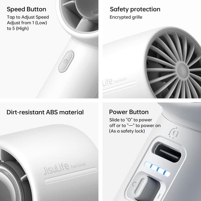 Detalle 2 de JISULIFE Portable Handheld Fan (4000mAh rechargeable) – up to 22 hours runtime, 5 speeds, travel mini fan in Gray