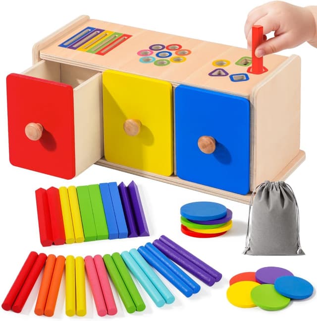 Detalle de WEVOL Montessori Spielzeug ab 1 Jahr – 3-in-1 Sortierbox aus Holz mit Farben- & Formsortierung