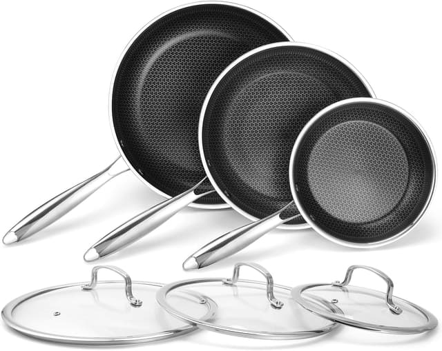 Detalle de Non Stick Frying Pans Set (8, 10, and 12 Inch) 6-Piece with Tempered Glass Lids, Stay-Cooling Handles