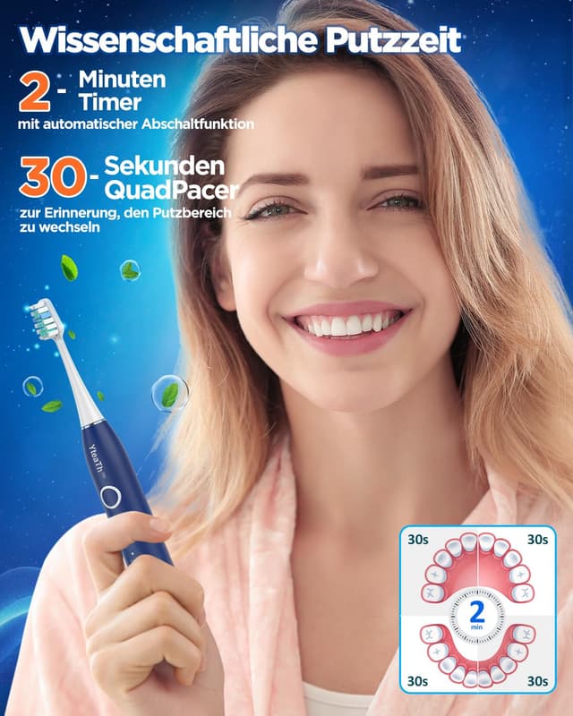 Detalle 2 de Elektrische Schallzahnbürste für Erwachsene & Kinder mit 8 Bürstenköpfen, Timer und 5 Putzmodi