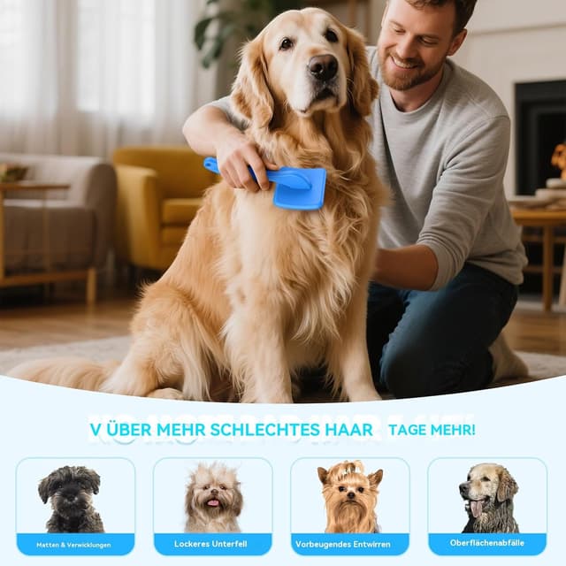 Detalle de YOYUPETA Zupfbürste & Hundebürste für langes Fell (25 mm Pins) mit Etui – Profi-Fellkamm für Unterwolle, Knoten & Filz in Blau