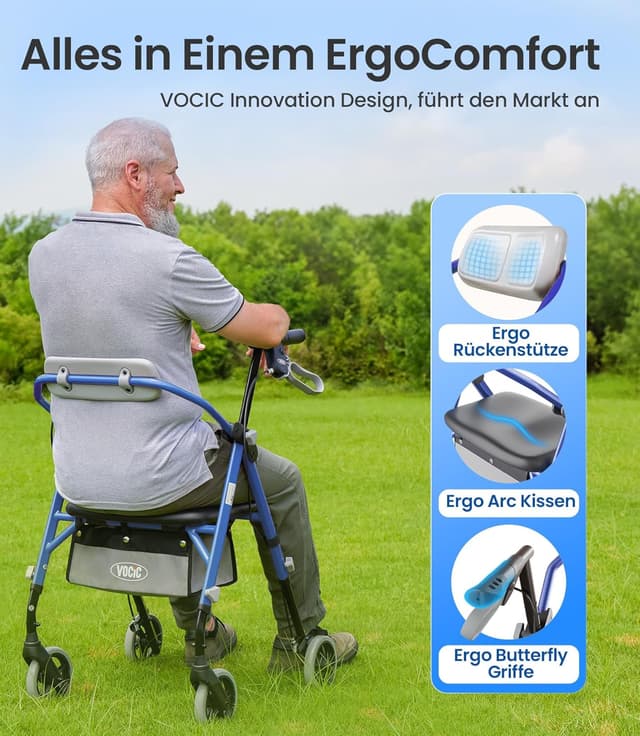 Detalle de VOCIC Z11 Rollator faltbar mit Sitz (max. 172 kg) – schmal für die Wohnung, höhenverstellbar