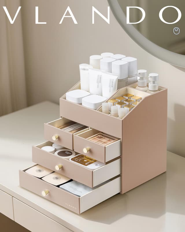 Detalle de VLANDO Make-up Organizer mit 4 Schubladen – Kosmetik-, Skincare- und Parfüm-Aufbewahrung für Bad & Dresser
