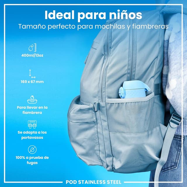 Detalle 2 de ion8 Botella de Agua Inox para Niños 400ml 🚰 Sin Aislamiento