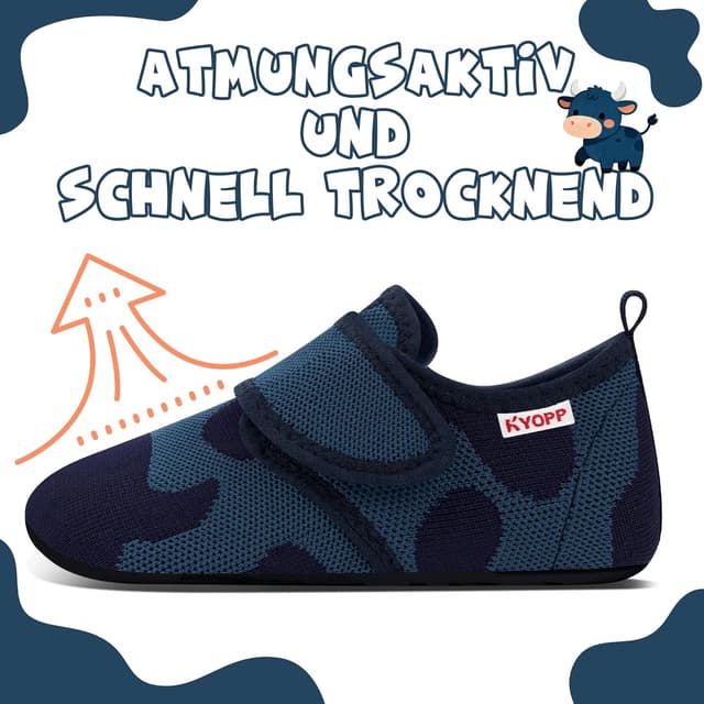 Detalle 2 de Kyopp Kinder-Hausschuhe Barfußschuhe mit Klettverschluss – atmungsaktive, rutschfeste Slipper für Kindergarten