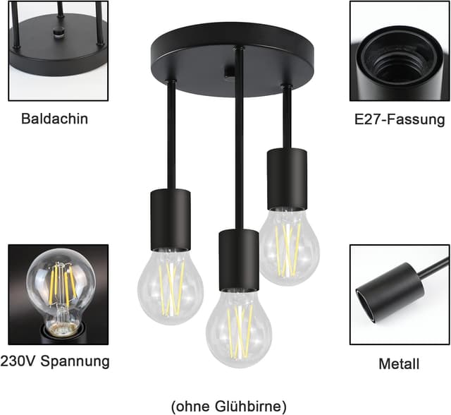 Detalle 2 de CBJKTX Vintage Deckenleuchte Schwarz mit 3 Spots (E27) – Industriedesign für Esszimmer, Küche & Flur