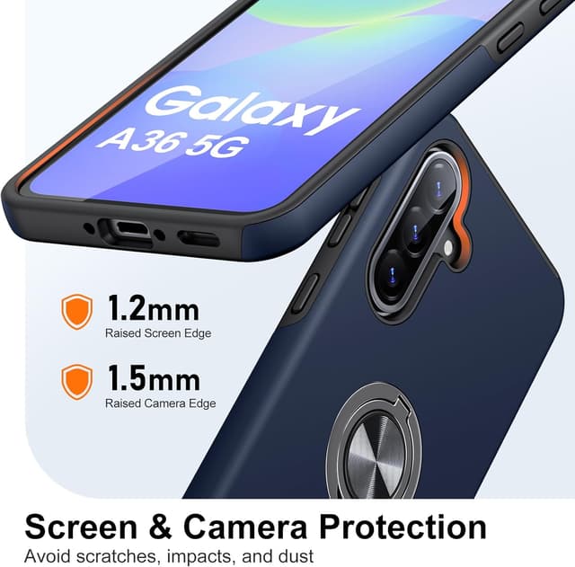 Detalle 2 de AOUIA for Samsung Galaxy A36 5G Case (Navy Blue) with 2 Screen Protectors and 360° Ring Stand