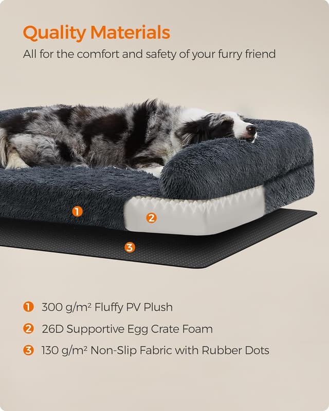 Detalle de Feandrea FluffyHug XL Dog Sofa Bed (Dark Grey) – egg crate foam with removable washable cover, 106 x 76 x 19 cm