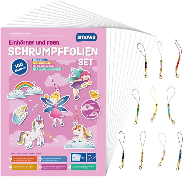 Detalle de Smowo® Schrumpffolien-Set mit 100 Einhorn-Motiven & 10 Anhängern (21x30 cm)