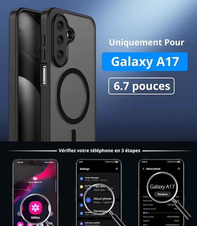 Detalle de Vansdon Magnétique coque pour Samsung Galaxy A17 4G/5G avec verre trempé et compatibilité MagSafe (noir, mat translucide)