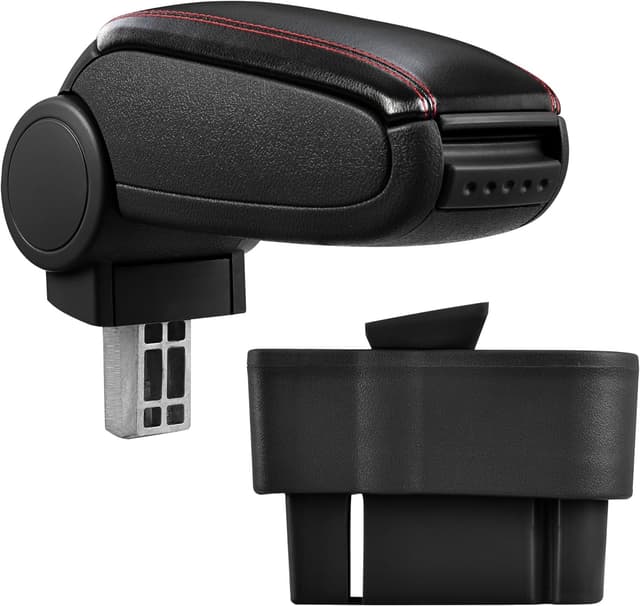 Detalle de pro.tec Mittelarmlehne Armauflage mit Staufach (gepolstert) schwarz mit roten Nähten – passend für Opel Corsa D ab 2006