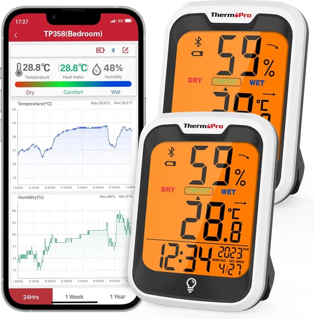 Detalle de ThermoPro TP358 Bluetooth Hygrometer & Room Thermometer (Swiss-made sensor) with built-in clock, backlit display and app alerts