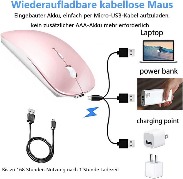 Detalle de LEAPEST Dual-Mode kabellose Bluetooth-Maus mit 2,4-GHz-USB-Adapter (Rosa) für MacBook, iPad, Laptop & Desktop