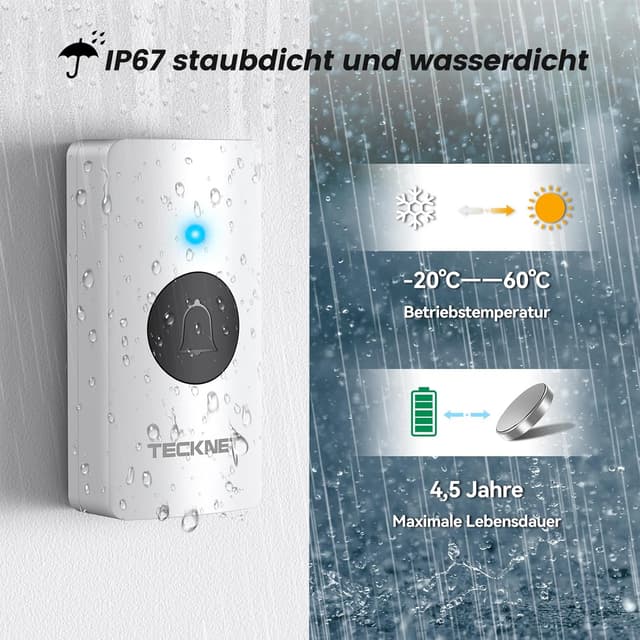 Thumbnail 2 de TECKNET Funkklingel mit 400 m Reichweite, IP67, 2 Empfängern und 60 Melodien (weiß)