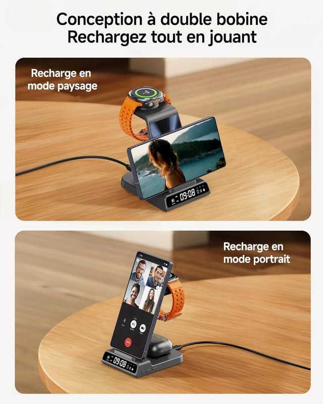 Detalle de Station de charge sans fil 3 en 1 pour Samsung (avec horloge) + charge induction pour Galaxy Watch et Galaxy Buds