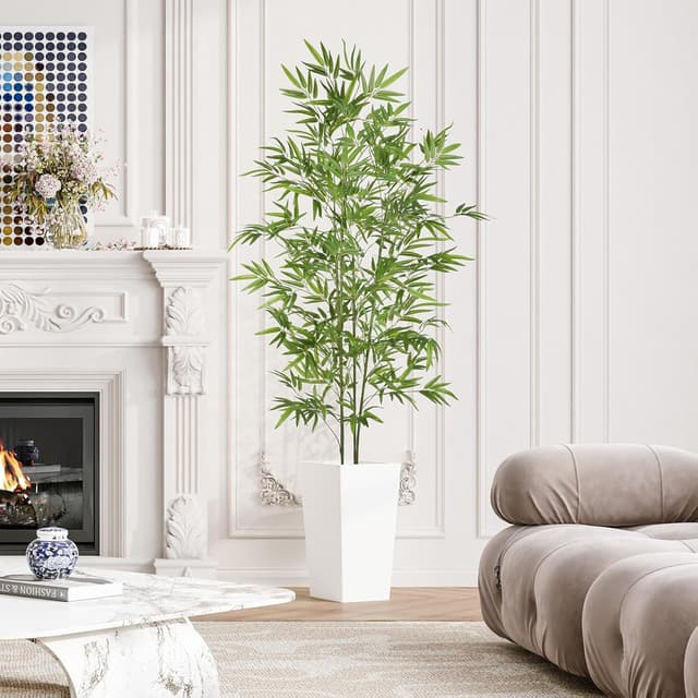 Detalle de YOLEO 6FT Artificial Bamboo Tree with White Tall Planter (180cm) – lifelike faux silk bamboo for indoor and balcony decor