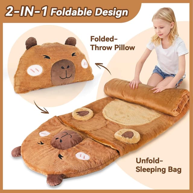 Thumbnail 3 de iPlay, iLearn Kid Sleeping Bag (Plush Capybara Slumber Bag) 2-in-1 Nap Mat & Pillow