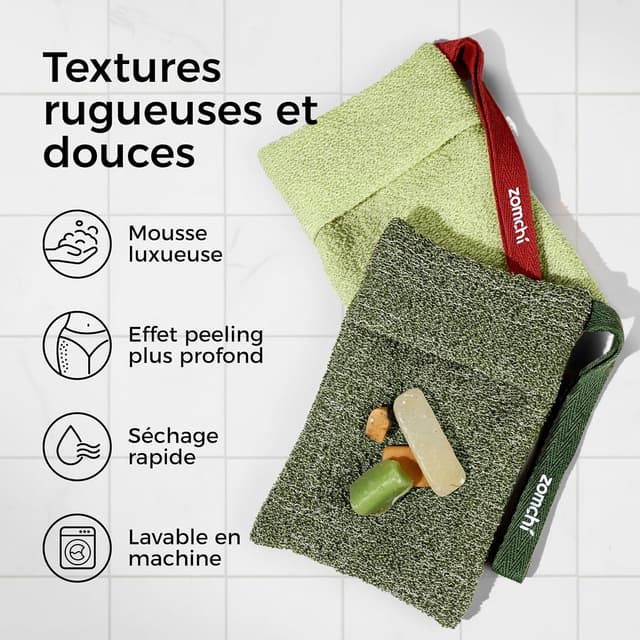 Detalle 2 de ZOMCHI lot de 2 pochettes pour savon exfoliant (grain gros et grain fin) pour mousse riche sous la douche