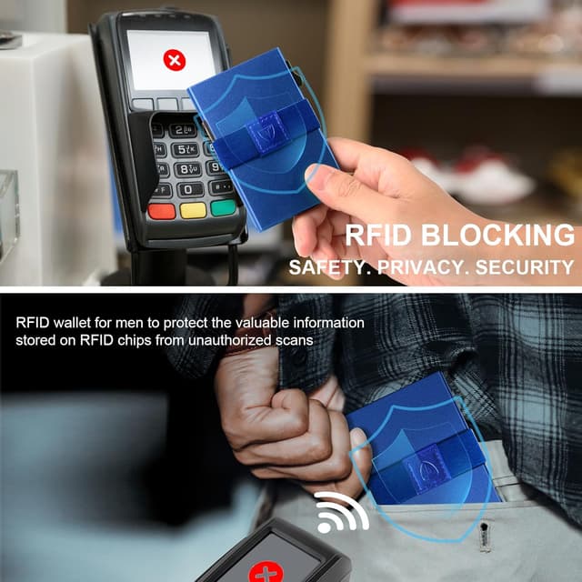 Detalle de TOYFID Smart Wallet für Herren: Kartenhülle für bis zu 12 Karten inkl. RFID-Blocker & Auswurftaste, Aluminium, Blau