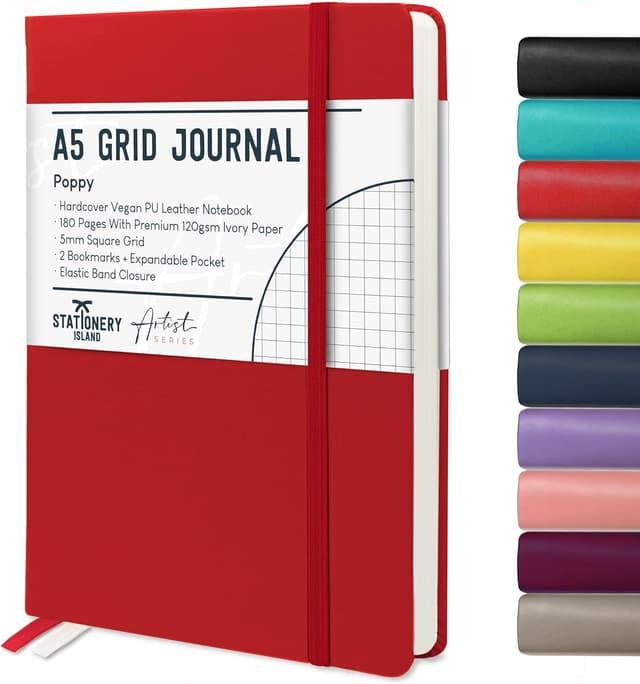 Detalle de STATIONERY ISLAND A5 Squared Notebook with Graph Paper (120gsm), Hardback Grid Journal, Poppy