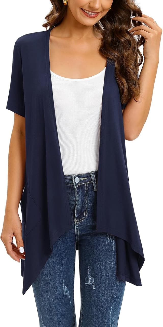 Detalle de Wiwclo Veryoung Damen-Cardigan mit kurzen Ärmeln, offen vorne und Taschen – leichter Sommer-Cardigan mit High-Low-Saum