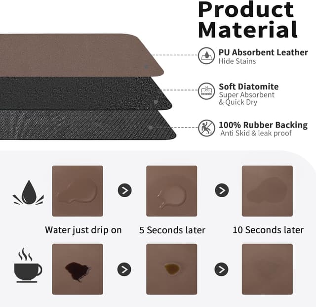 Detalle 2 de HotLive Coffee Mat (Absorbent, PU Surface, Natural Rubber Back) for Kitchen Countertop Use