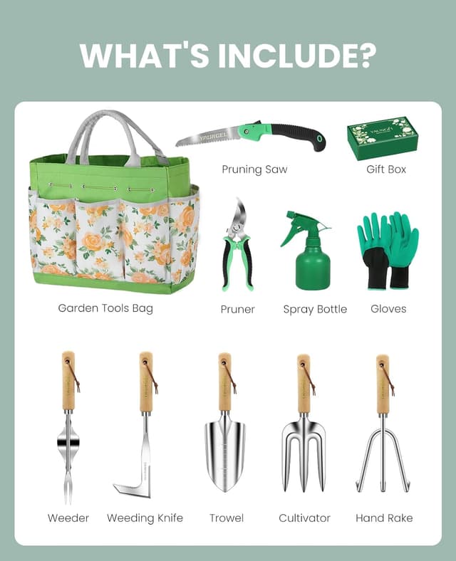 Detalle de Set di attrezzi da giardinaggio YAUNGEL da 10 pezzi con teste in acciaio inox e manici antiscivolo