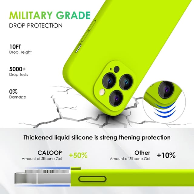 Detalle de CALOOP Slim-Fit Case for iPhone 14 Pro Max (6.7") – Fluorescent Green Liquid Silicone Cover with Microfibre Lining