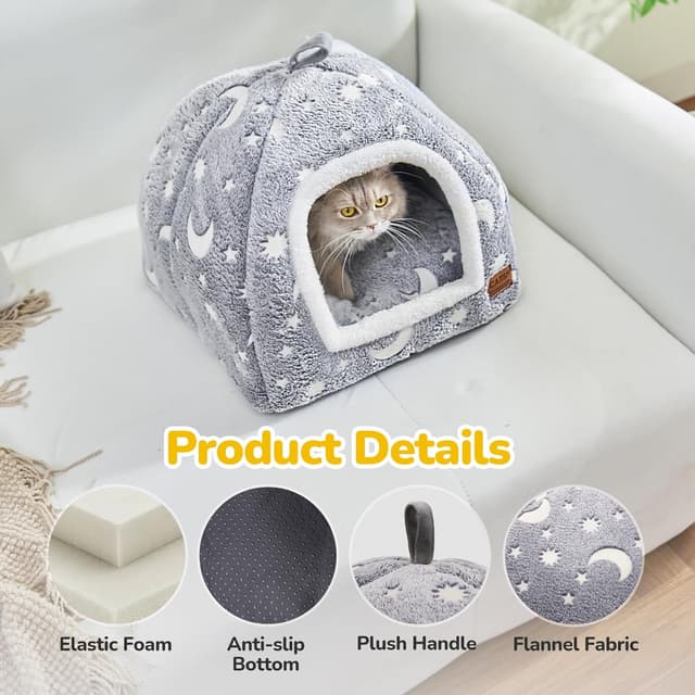 Detalle de CATISM Cat Bed Cave Grey Star & Moon, foldable indoor tent-style cat cave with removable washable cushion, 40 x 40 x 38cm