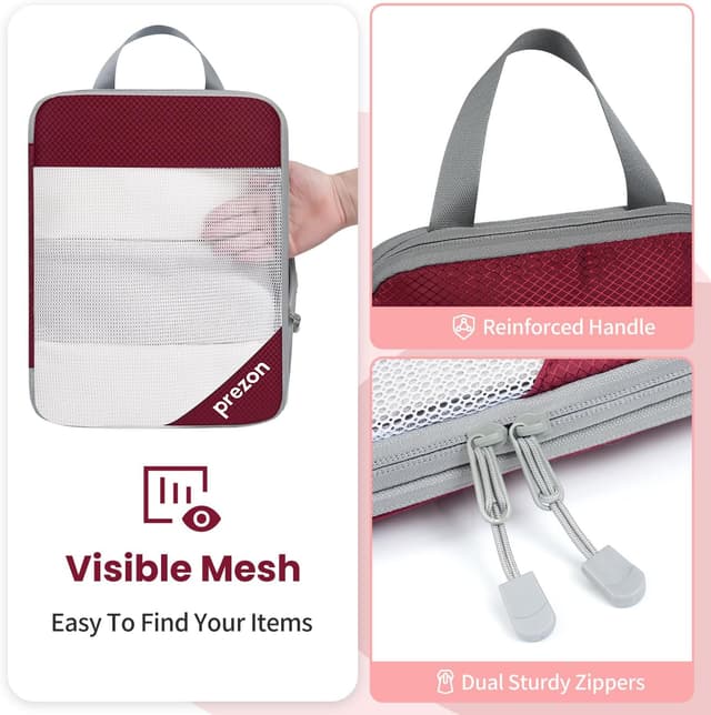 Detalle de Prezon Versatile 6-Set Compression Hollow Packing Cubes with Full Open Visible Design (Burgundy)