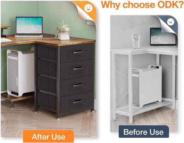 Detalle de ODK Corner Desk with Drawers (L-Shaped) 140x80cm, USB Charging Ports & Power Outlets, Rustic Brown