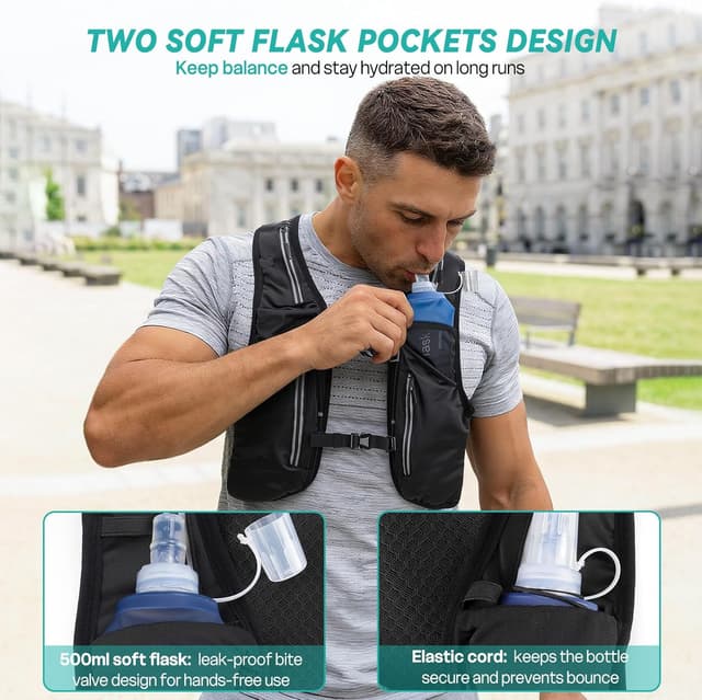 Detalle 2 de Nextyu Laufweste Damen & Herren mit Trinkrucksack: 2× 500-ml-Flaschenfächer, großes Handyfach & reflektierendes Design